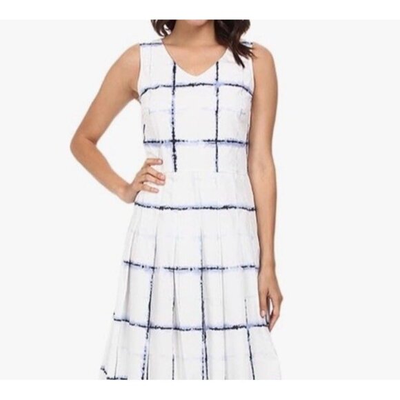 Pendleton Sleeveless A-line Dress Size 12 White Blue Plaid Check Pleated NWT - Picture 2 of 9